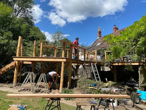 Timber deck frame being built on site - Monkey Business Design