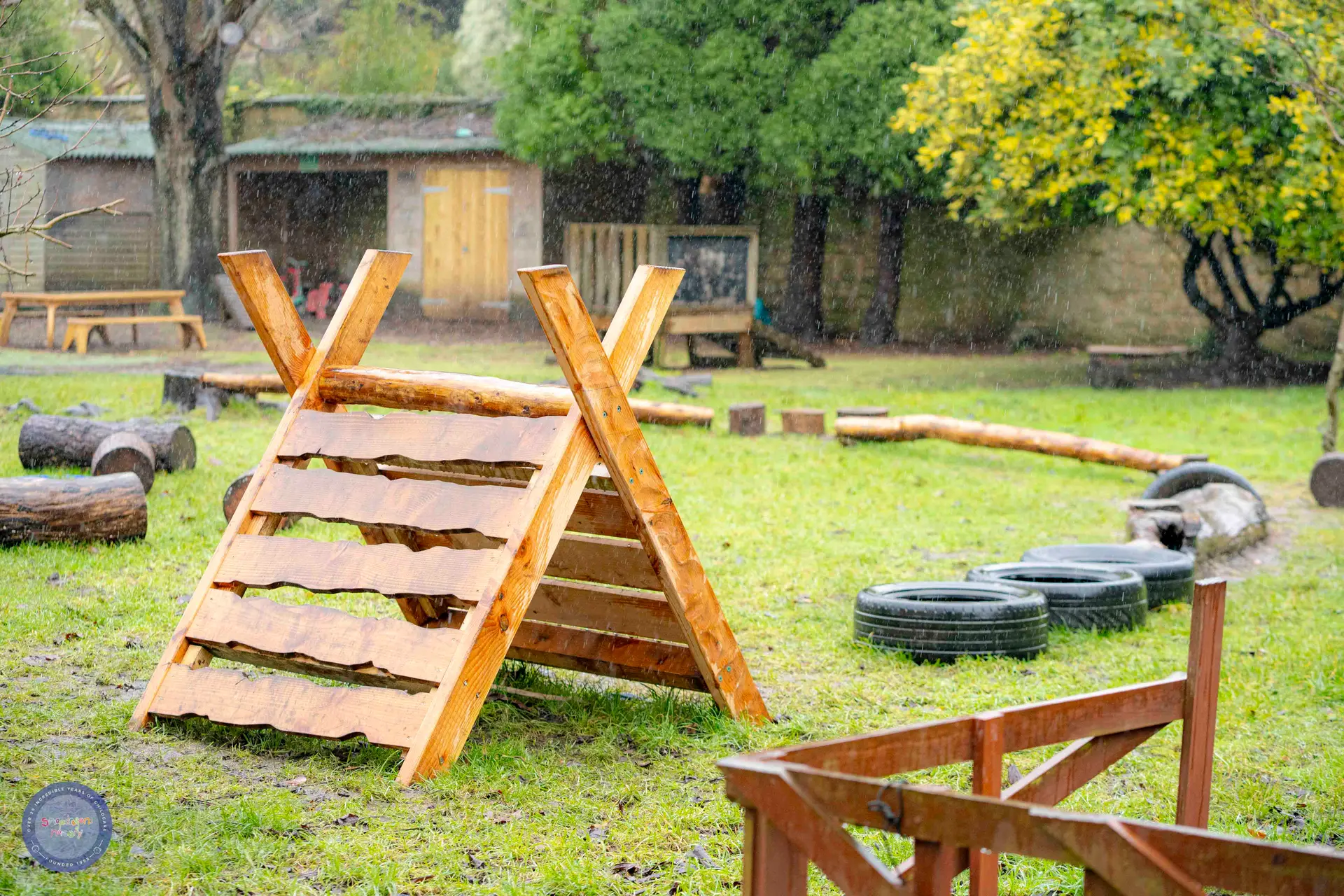 Timber agility ramps and balance features built by Monkey Business Design in a nursery garden